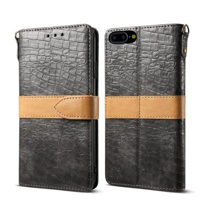 iPhone 7 Plus & 8 Plus tweekleurig Krokodil structuur PU leren Flip Hoesje met houder, draagriem en opbergruimte voor pinpassen & geld (grijs)