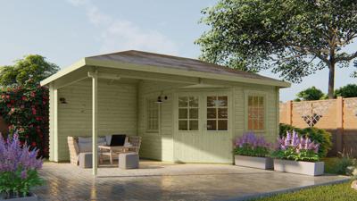 Blokhut Christoffer 300x350 cm + luifel 275 cm - Groen geïmpregneerd- Puntdak- Geïmpregneerd vurenhout- Tuindeco Blokhut Christoffer 300x350 cm + luifel 275 cm - Groen geïmpregneerd- Puntdak- Geïmpregneerd vurenhout- Tuindeco