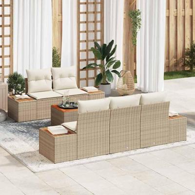 6-delige Tuinset met Kussens in Beige Poly Rattan en Acacia