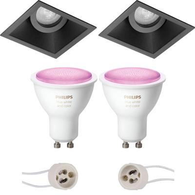GU10 Inbouwspot Set - Mat Zwart - Inbouw Vierkant - Kantelbaar - Philips Hue - White and Color Ambiance - Bluetooth - Pragmi Zano Pro - 93mm