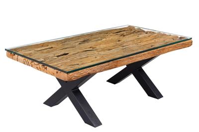 Massieve salontafel BARRACUDA 110cm antiek naturel teakhout X-frame glazen blad - 6045679