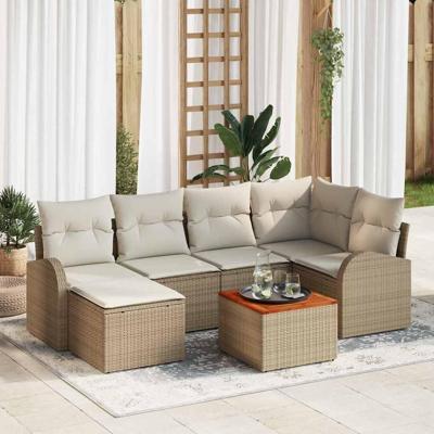 Tuinbankenset met opslag 7 pcs Beige en Crème poly rattan