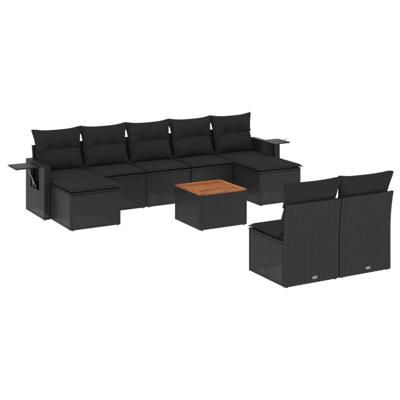 10-delige Loungeset met kussens poly rattan zwart