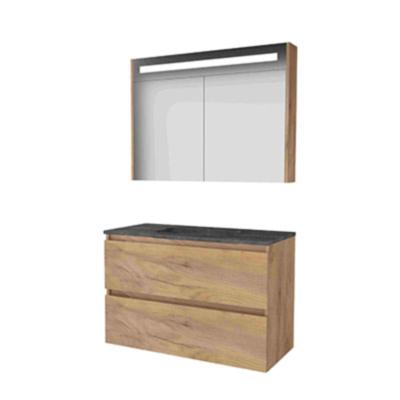 Basic-Line Premium 46 Badkamermeubelset - 100 x 46 cm - Greeploos - 2 Lades - Hardstenen Wastafel - 1 Kraangat - Spiegelkast met LED Verlichting - Whisky Oak