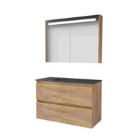 Basic-Line Premium 46 Badkamermeubelset - 100 x 46 cm - Greeploos - 2 Lades - Hardstenen Wastafel - 1 Kraangat - Spiegelkast met LED Verlichting - Whisky Oak - thumbnail