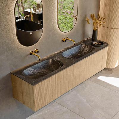 Mondiaz KURVE-DLUX 175 cm Onderkast Greeploos 2 Lades Met Deuren Oak, Wastafel Solid Surface Links Lava 0 Kraangaten Zonder Spiegel (KRVSTS175R2L1D0KD-Oak/Lav)