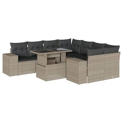9-delige Loungeset met kussens poly rattan lichtgrijs