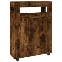 Badkamerkast smal met wielen bewerkt hout gerookt eikenkleurig - thumbnail