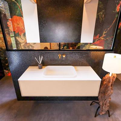 Badkamermeubelset Mondiaz Erin 120 cm met 1 Lade met RIDGE Wastafel Midden Talc Zonder Kraangaten Greeploos Mat Rosee