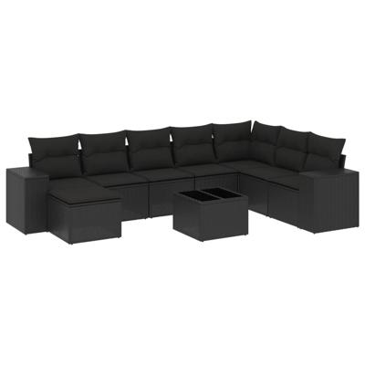 9-delige Loungeset met kussens poly rattan zwart