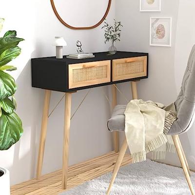Wandtafel 80x30x75 cm massief grenenhout en natuurlijk rattan