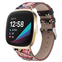 Fitbit Versa 3/4 & Sense 1/2 leren bandje - Bloemenprint - thumbnail