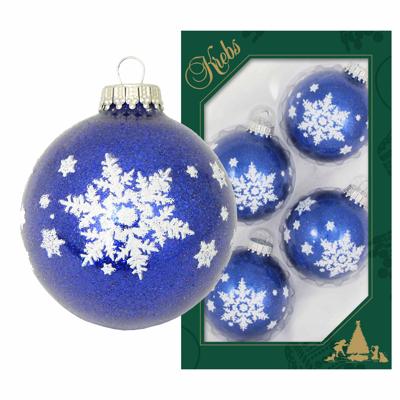 4x Luxe Blauwe Glazen Kerstballen Glitter Met Witte Sneeuwvlok 7 Cm - Kerstversiering/kerstdecoratie Wit/blauw 4x Luxe Blauwe Glazen Kerstballen Glitter Met Witte Sneeuwvlok 7 Cm - Kerstversiering/kerstdecoratie Wit/blauw