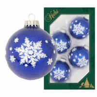 4x Luxe Blauwe Glazen Kerstballen Glitter Met Witte Sneeuwvlok 7 Cm - Kerstversiering/kerstdecoratie Wit/blauw - thumbnail