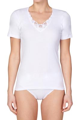Dames shirt korte mouw Beatrix - Kanten ondershirt - Naadloos - 100% katoen - L - Wit
