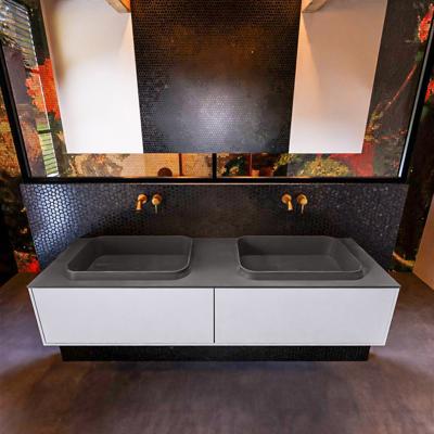 Badkamermeubelset Mondiaz Erin 150 cm met 2 Lades met RIDGE Wastafel Dubbel Dark grey Zonder Kraangaten Greeploos Mat Cale Badkamermeubelset Mondiaz Erin 150 cm met 2 Lades met RIDGE Wastafel Dubbel Dark grey Zonder Kraangaten Greeploos Mat Cale