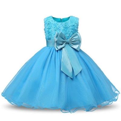 Blauwe meisjes mouwloos Rose Flower patroon Bow-knoop Lace Dress Toon jurk Kid grootte: 120cm