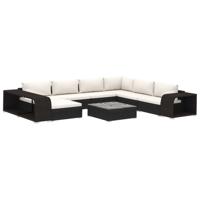 10-delige Loungeset met kussens poly rattan zwart - thumbnail