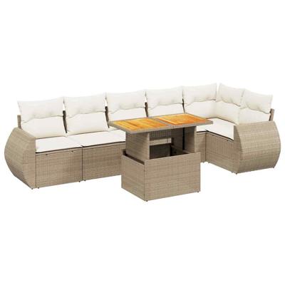 7-delige Loungeset met kussens poly rattan beige