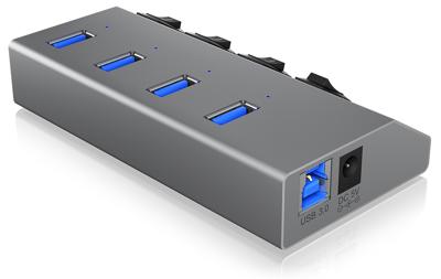 ICY BOX IB-Hub1405 4-voudige USB 3.0 hub en oplader, aan-/uitschakelaar voor elke poort, voeding (5V/4A), aluminium, oplaadstandaard BC 1.2, grijs