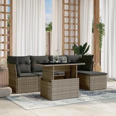 6-delige Loungeset met kussens poly rattan grijs
