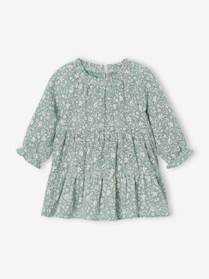 Jurk voor babymeisjes met ruches van katoengaas saliegroen Jurk voor babymeisjes met ruches van katoengaas saliegroen
