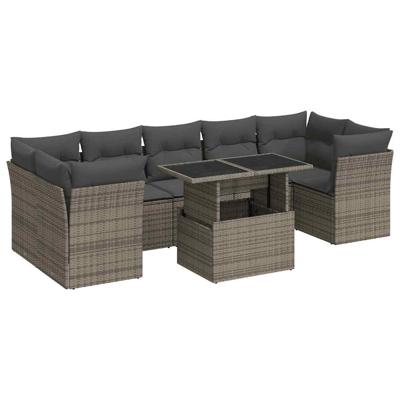 8-delige Loungeset met kussens poly rattan grijs