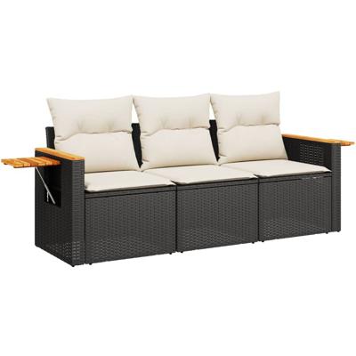 3-delige Loungeset met kussens poly rattan zwart - thumbnail