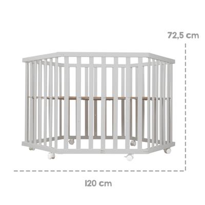 ROBA Hegaxonal Playpen - Gevoerde hoes - Olifantpatroon - 6 geremde wielen - Taupe gelakt hout