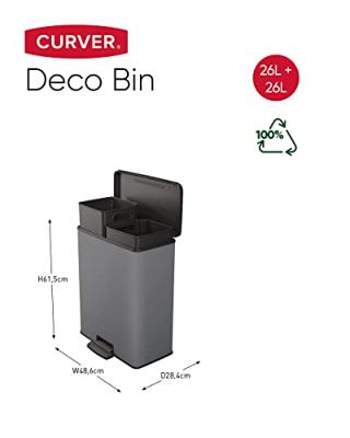 Duo Rechthoek Vuilnisbak - DECO BIN - CURVER - 52L (26+26L) - 49 x 32 x 61 cm - Antraciet - thumbnail