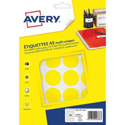 Avery PET30J ronde markeringsetiketten, diameter 30 mm, blister van 240 stuks, geel Avery PET30J ronde markeringsetiketten, diameter 30 mm, blister van 240 stuks, geel