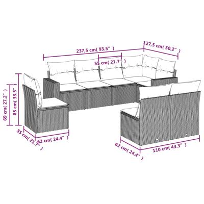 9-delige Loungeset met kussens poly rattan zwart