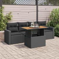 5-delige Loungeset met kussens poly rattan zwart - thumbnail