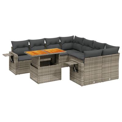 9-delige Loungeset met kussens poly rattan grijs