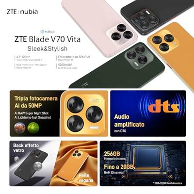 Smartphone ZTE Blade, V70 Vita, Stee, grijs, smartphone van 6,7 inch HD+ 120 Hz, 256 GB geheugen, 20 GB RAM (8 + 12 dynamische RAM), AI 50 MP-camera, Android 14, Fast Charge 22,5 W, NFC