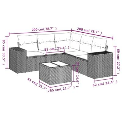 6-delige Loungeset met kussens poly rattan grijs