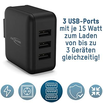 Ansmann Travel Charger TC315 USB-oplader 15 W 3x USB-A Zwart Binnen - thumbnail