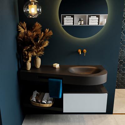 MONDIAZ RIVA 120cm badmeubel onderkast / planchet kleur Clay met 1 lade. Wastafel DULCET rechts 0 kraangaten kleur Urban.
