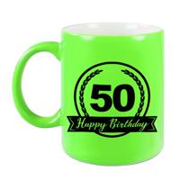 Happy Birthday 50 years met wimpel cadeau mok / beker neon groen 330 ml - Abraham / Sarah - feest mokken - thumbnail