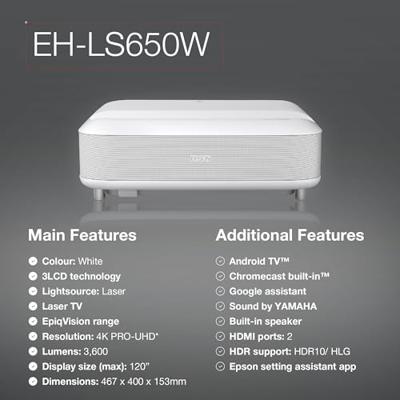 Epson EH-LS650W 4K PRO-UHD Smart laserprojector, 3.600 lumen, tot 120-inch beelddiagonaal (3,05 m)