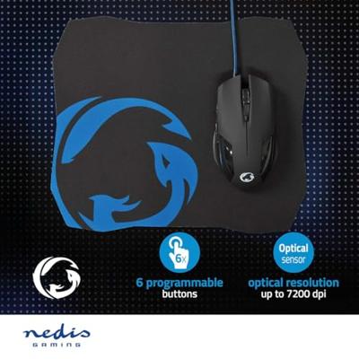 Nedis GMMP110BK Gaming Muis & Muismat Set Bedraad Dpi: 1200 / 2400 / 4800 / 7200 Dpi Instelbare Dpi Aantal Knoppen: 6 Programmeerbare Knoppen Rechtshandig 1.50 M Zonder Verlichting