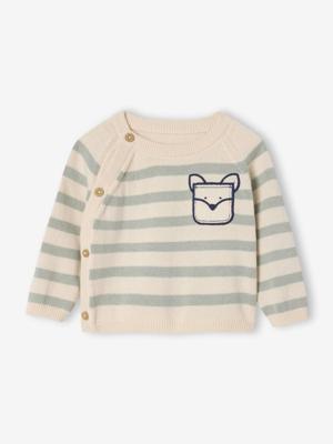 Gestreepte trui voor pasgeborenen in tricot met sierzak gemêleerd beige Gestreepte trui voor pasgeborenen in tricot met sierzak gemêleerd beige