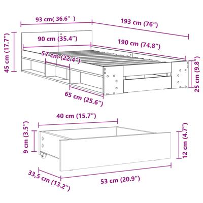 Bedframe met lade bewerkt hout gerookt eikenkleurig 90x190 cm