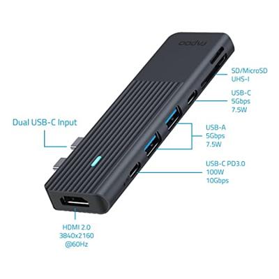 Rapoo USB-C Multiport Adapter, 7-in-2, grijs Desktop accessoire Zwart