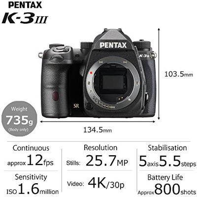Pentax K-3 Mark III APS-C DSLR camera-behuizing in zwart - beeldveld 100% ~ 1,05x optische zoeker, 5-assen 5,5 standen in-body SR mechanisme, ISO 1,6 miljoen, weerbestendig, tot 12 fps, touchscreen