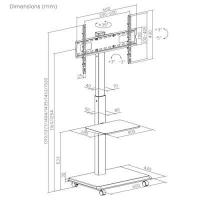TV-standaard / trolley Ergo-Office, max. belasting 50kg / 5kg plank, max. VESA 600x400, ingebouwde contactdoos, zwart, ER-304 B