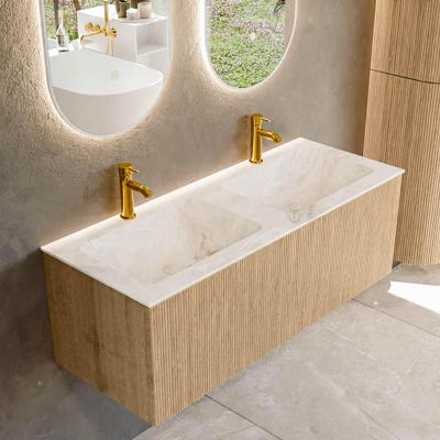 Mondiaz KURVE-DLUX 120 cm Onderkast Greeploos 1 Lade Zonder Deuren Oak, Wastafel Solid Surface Dubbel Frappe 2 Kraangaten Zonder Spiegel (KRVLEA1201L0D2KD-Oak/Fra)