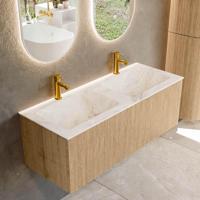 Mondiaz KURVE-DLUX 120 cm Onderkast Greeploos 1 Lade Zonder Deuren Oak, Wastafel Solid Surface Dubbel Frappe 2 Kraangaten Zonder Spiegel (KRVLEA1201L0D2KD-Oak/Fra) - thumbnail