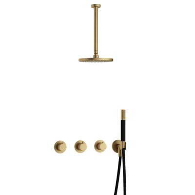 Hotbath Cobber - CB7067 - Inbouw Regendoucheset - Geborsteld Messing - 2 Stopkranen - Thermostatisch - Plafondbuis 30 cm - Hoofddouche 200 mm - Staafhanddouche - Waterbesparend