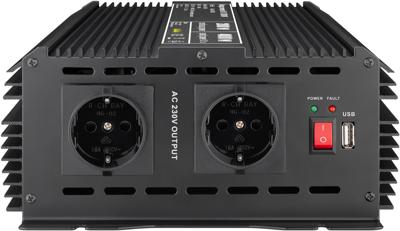 Goobay 58891 spanningstransformator/omvormer 12V naar 230V 1000W / 2000W met 2x AC-stopcontacten en 1x USB-poort (2100mA), zwart, 24 V.